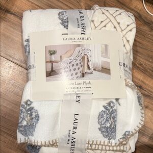 Laura Ashley Cream and Blue Floral Plush Reversible Throw